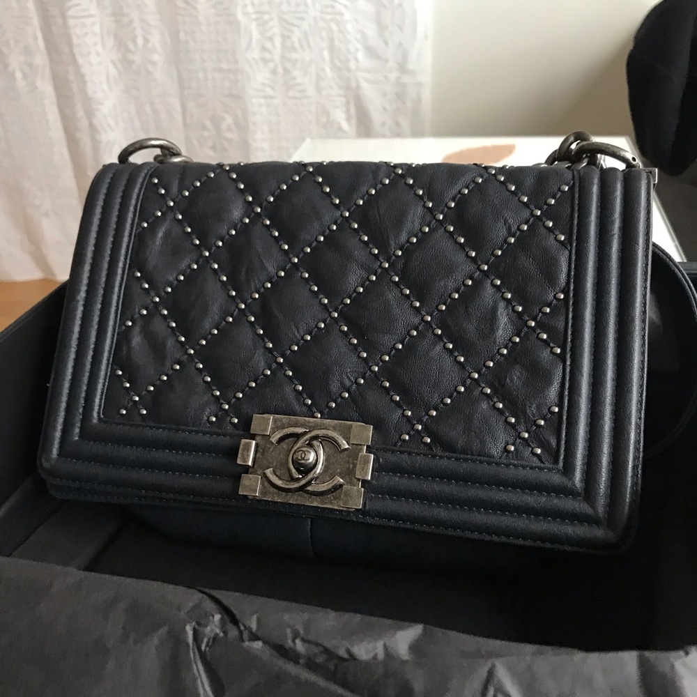 Chanel Dark Navy Quilted Boy Bag w studs